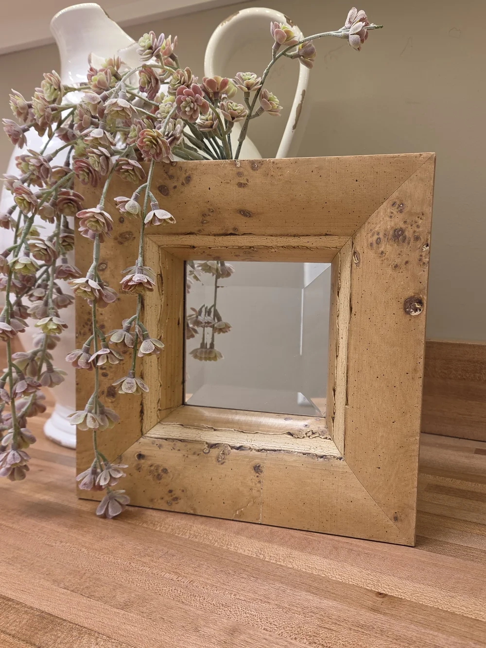 Pottery Barn Rustic Wood Square Mirror in Natural Wood Tone Burled Wood